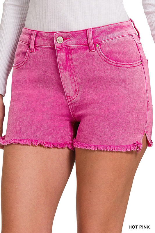 Acid Washed Frayed Hem Cutoff Shorts-Hot Pink