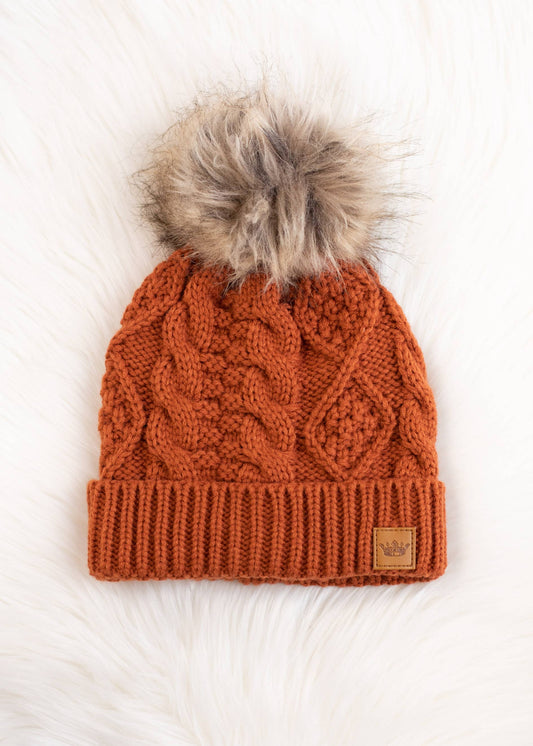 Rust Cable Knit Pom Hat