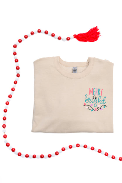 PREORDER: Merry & Bright Embroidered Sweatshirt in Sand