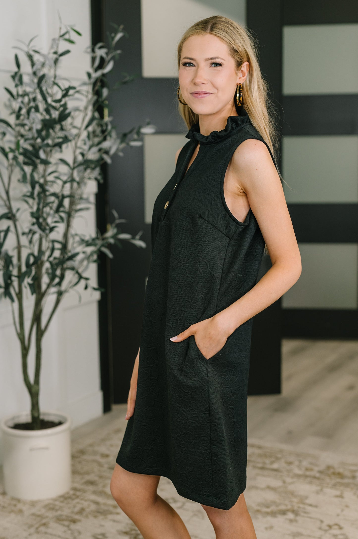 High Tide High Neck Embossed Sleeveless Dress in Black