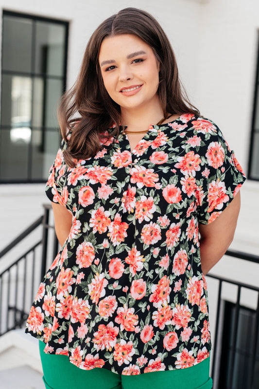 Lizzy Cap Sleeve Top in Black and Coral Floral