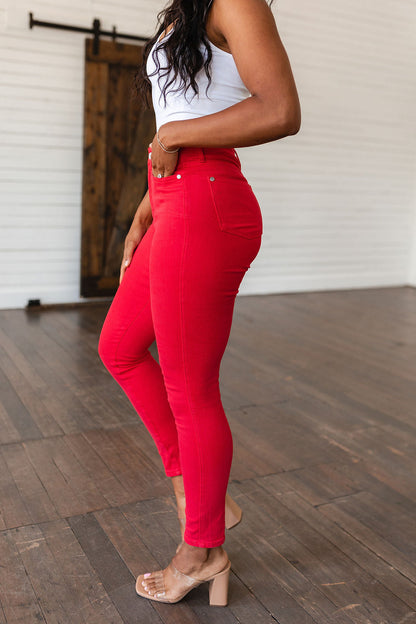 Ruby High Rise Control Top Garment Dyed Skinny Jeans in Red