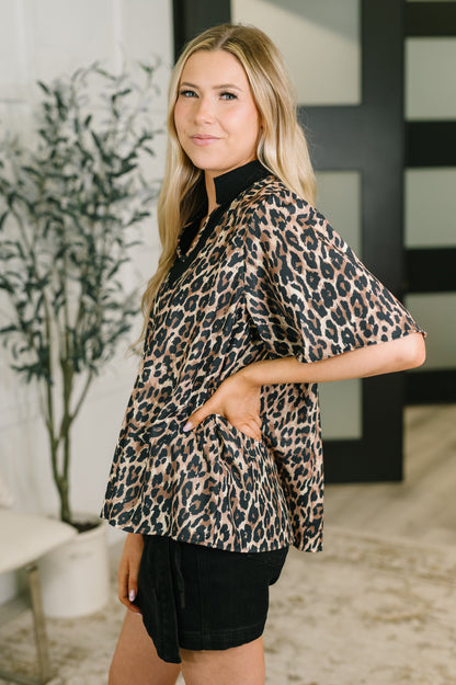 Sassy Season Split Neck Leopard Print Blouse