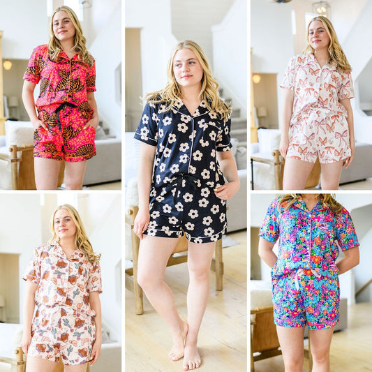 PREORDER: Button Front Pajama Shorts Set in Assorted Prints