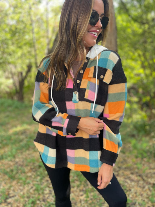 PREORDER: Rainbow Plaid Button Hoodie