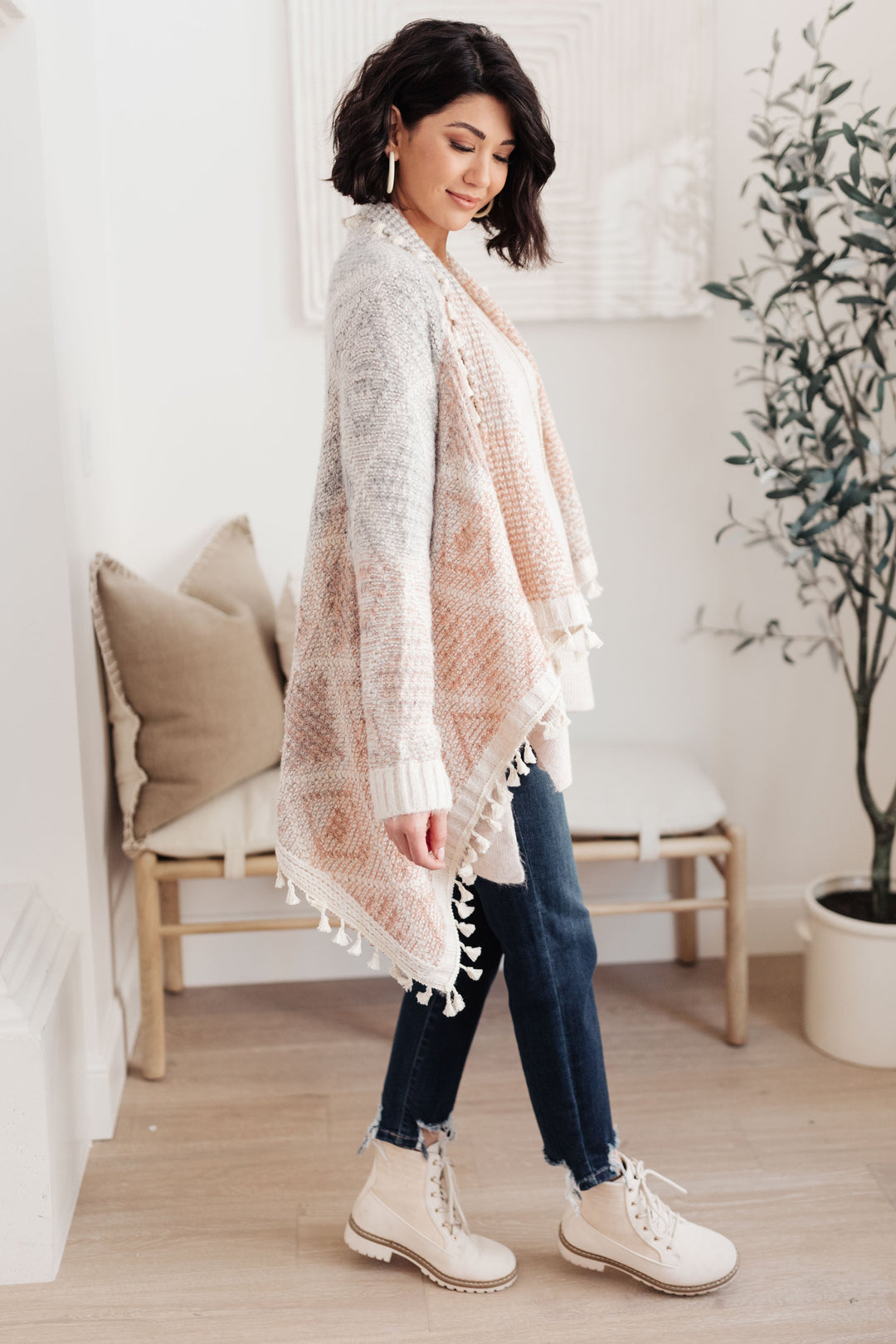 Lined with Tassel Cardigan in Mauve/Blue