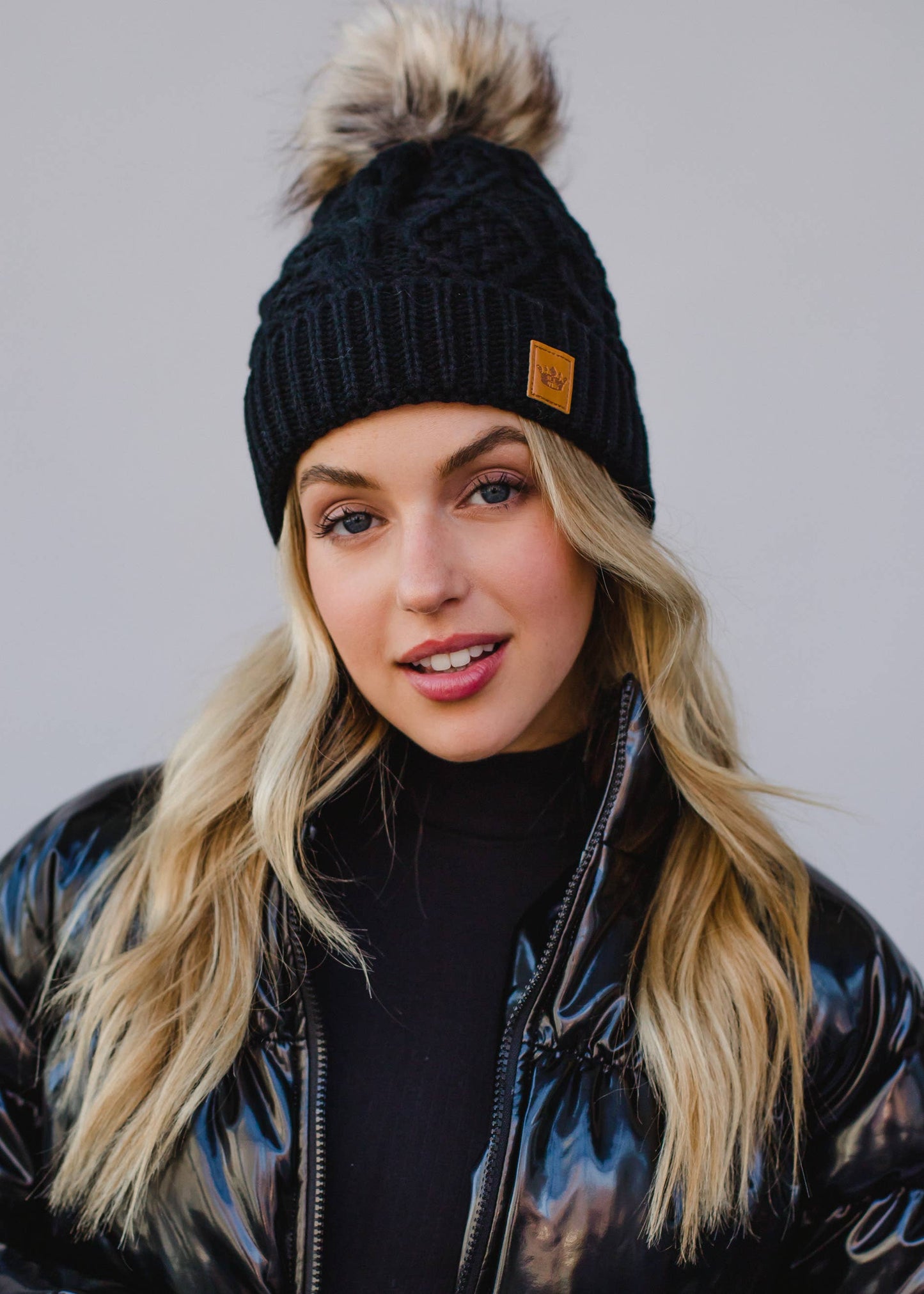 Black Cable Knit w/ Natural Pom Hat