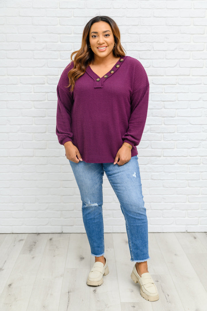 Long Sleeve Waffle Knit Top In Eggplant